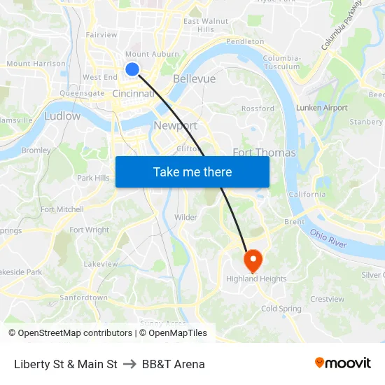 Liberty St & Main St to BB&T Arena map