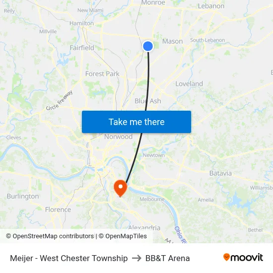 Meijer - West Chester Township to BB&T Arena map