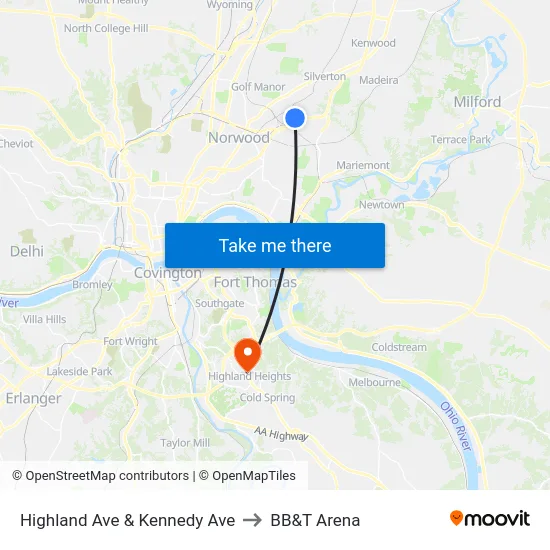 Highland Ave & Kennedy Ave to BB&T Arena map