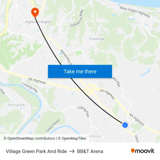Village Green Park And Ride to BB&T Arena map