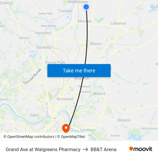 Grand Ave at Walgreens Pharmacy to BB&T Arena map