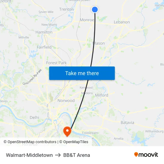 Walmart-Middletown to BB&T Arena map