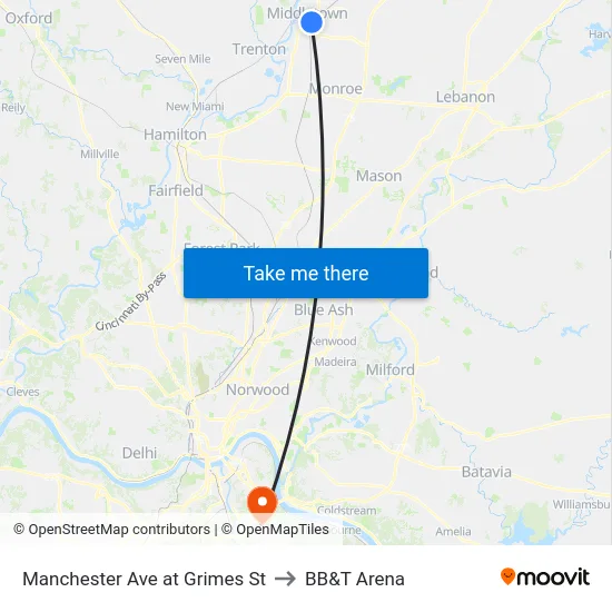 Manchester Ave at Grimes St to BB&T Arena map
