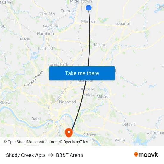 Shady Creek Apts to BB&T Arena map