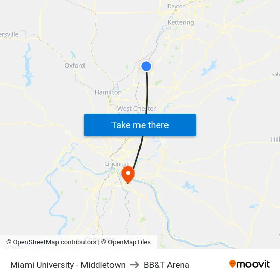Miami University - Middletown to BB&T Arena map
