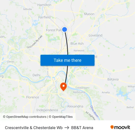 Crescentville & Chesterdale Wb to BB&T Arena map