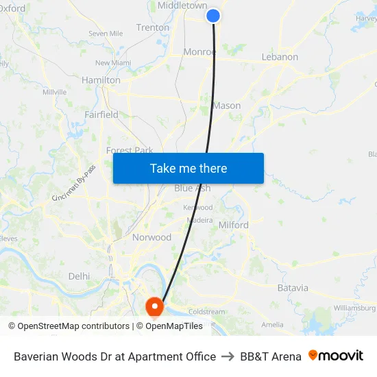 Baverian Woods Dr at Apartment Office to BB&T Arena map
