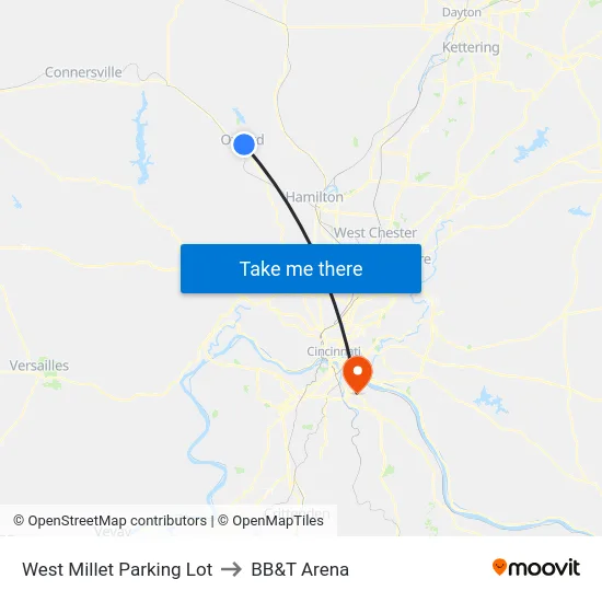 West Millet Parking Lot to BB&T Arena map