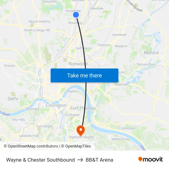 Wayne & Chester Southbound to BB&T Arena map