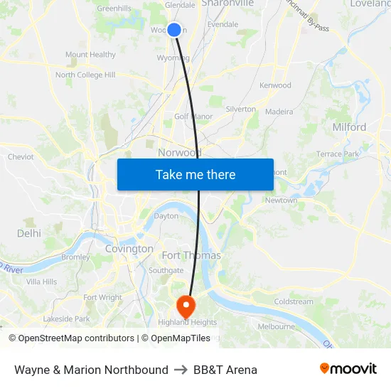 Wayne & Marion Northbound to BB&T Arena map