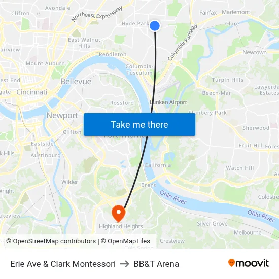 Erie Ave & Clark Montessori to BB&T Arena map