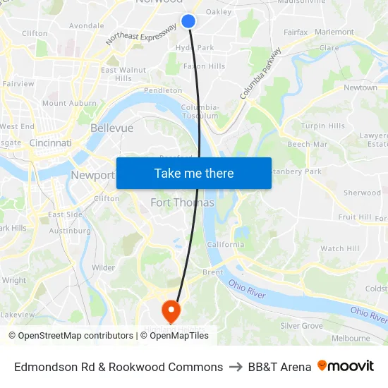 Edmondson Rd & Rookwood Commons to BB&T Arena map