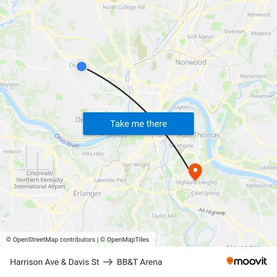 Harrison Ave & Davis St to BB&T Arena map