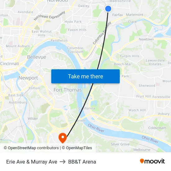 Erie Ave & Murray Ave to BB&T Arena map