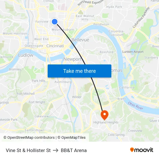 Vine St & Hollister St to BB&T Arena map