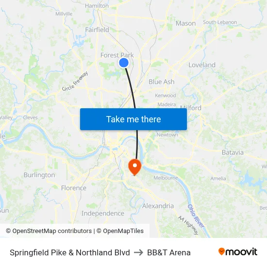 Springfield Pike & Northland Blvd to BB&T Arena map