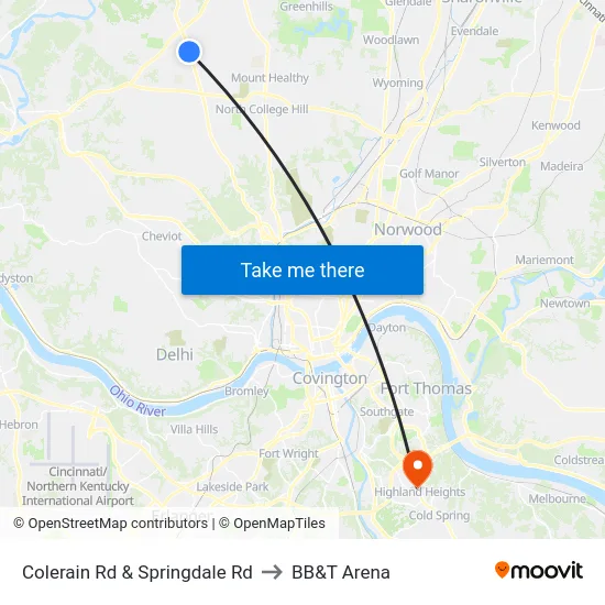 Colerain Rd & Springdale Rd to BB&T Arena map