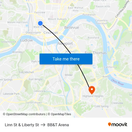 Linn St & Liberty St to BB&T Arena map