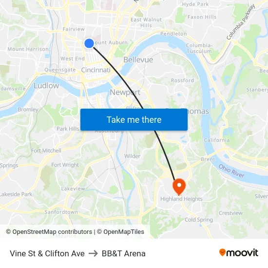 Vine St & Clifton Ave to BB&T Arena map