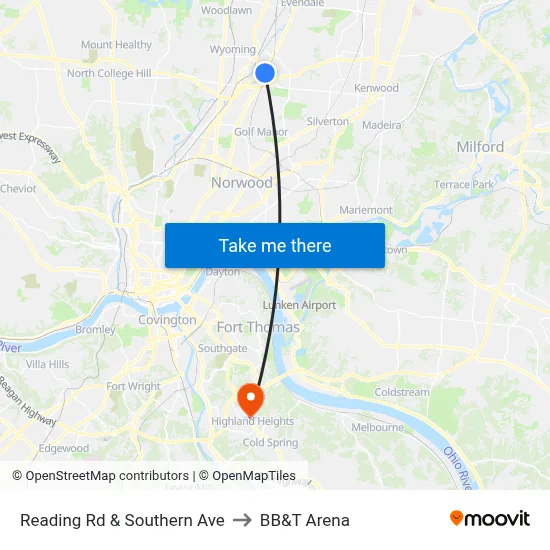 Reading Rd & Southern Ave to BB&T Arena map
