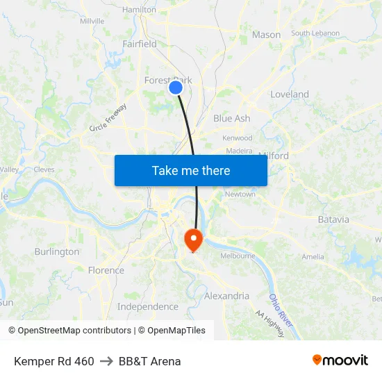 Kemper Rd 460 to BB&T Arena map