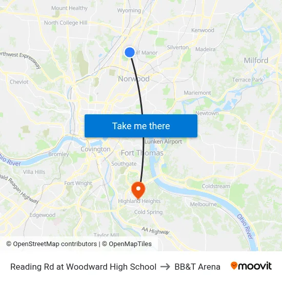 Reading Rd at Woodward High School to BB&T Arena map