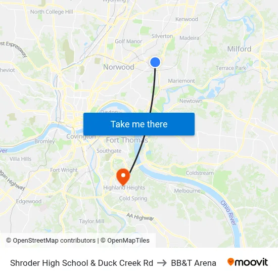 Shroder High School & Duck Creek Rd to BB&T Arena map
