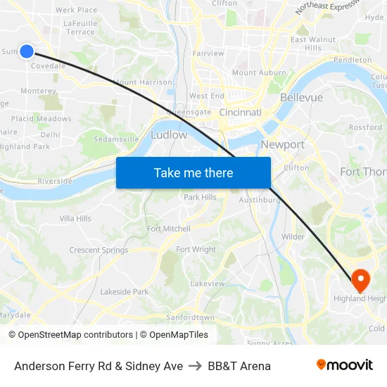 Anderson Ferry Rd & Sidney Ave to BB&T Arena map