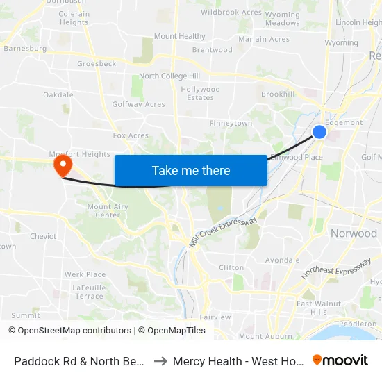 Paddock Rd & North Bend Rd to Mercy Health - West Hospital map