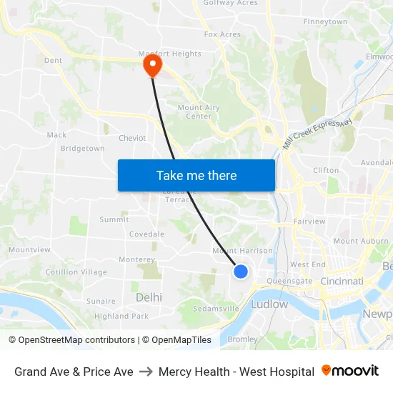 Grand Ave & Price Ave to Mercy Health - West Hospital map