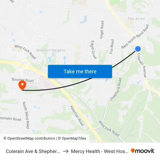 Colerain Ave & Shepherd Rd to Mercy Health - West Hospital map