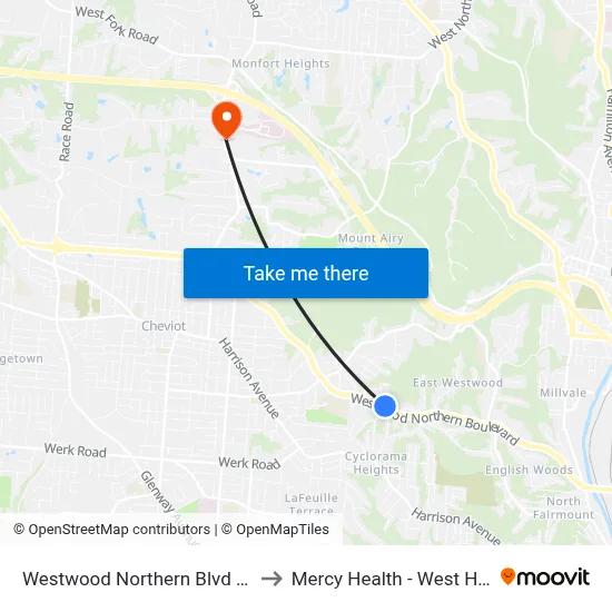 Westwood Northern Blvd & Gobel to Mercy Health - West Hospital map