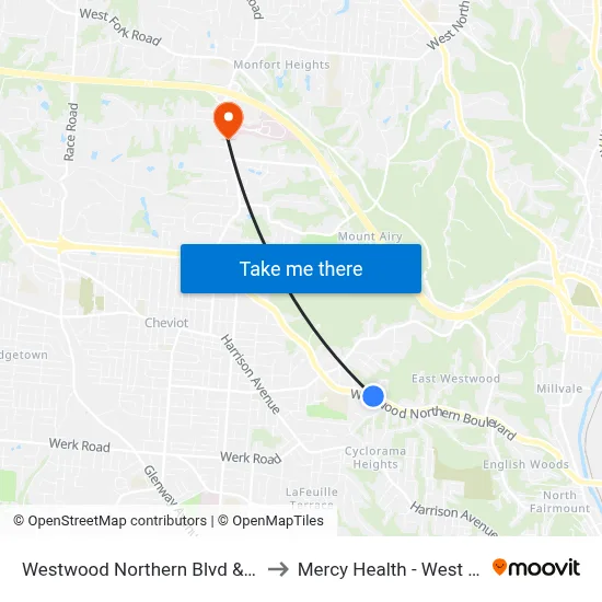 Westwood Northern Blvd & Brodbeck to Mercy Health - West Hospital map
