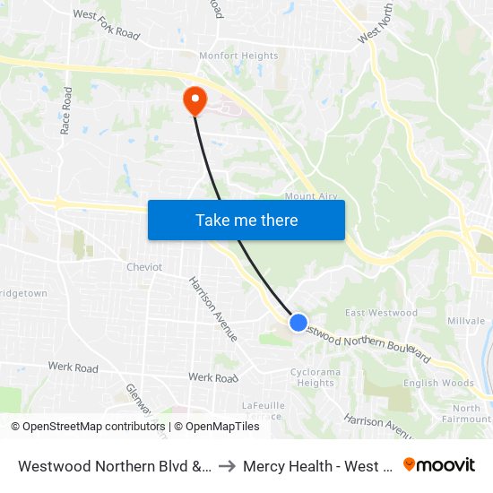 Westwood Northern Blvd & Ferncroft to Mercy Health - West Hospital map
