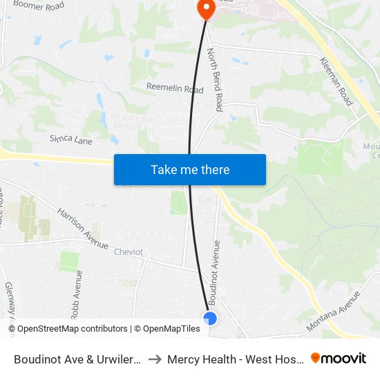Boudinot Ave & Urwiler Ave to Mercy Health - West Hospital map