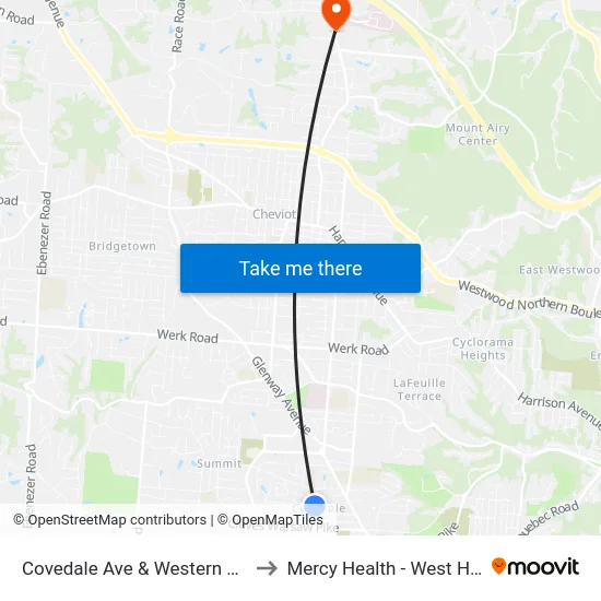 Covedale Ave & Western Hills Ave to Mercy Health - West Hospital map