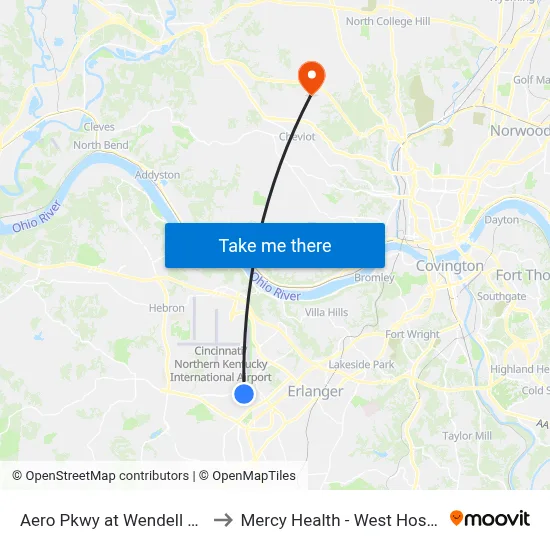 Aero Pkwy at Wendell Ford to Mercy Health - West Hospital map