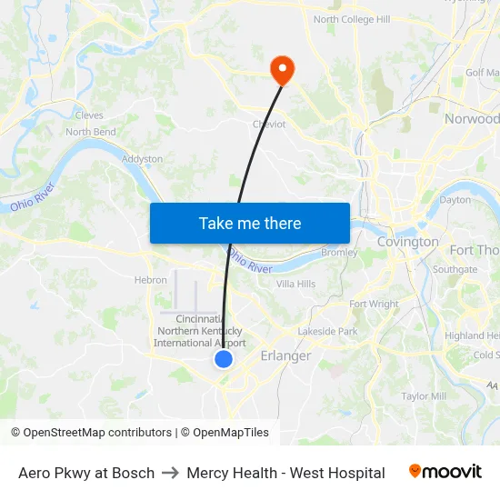 Aero Pkwy at Bosch to Mercy Health - West Hospital map