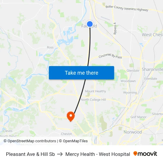 Pleasant Ave & Hill Sb to Mercy Health - West Hospital map