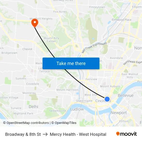 Broadway & 8th St to Mercy Health - West Hospital map