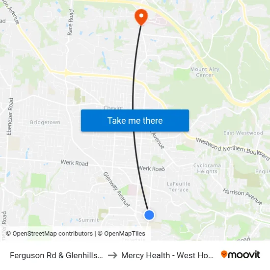 Ferguson Rd & Glenhills Way to Mercy Health - West Hospital map