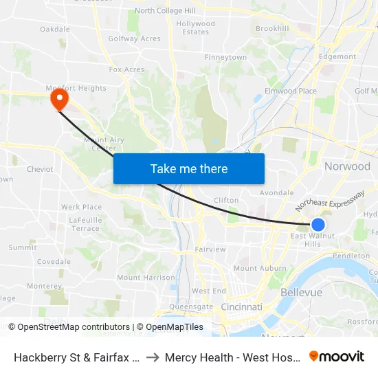 Hackberry St & Fairfax Ave to Mercy Health - West Hospital map