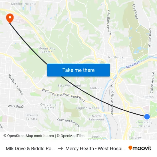 Mlk Drive & Riddle Road to Mercy Health - West Hospital map