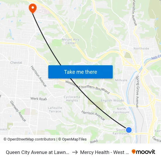 Queen City Avenue at Lawnway Street to Mercy Health - West Hospital map