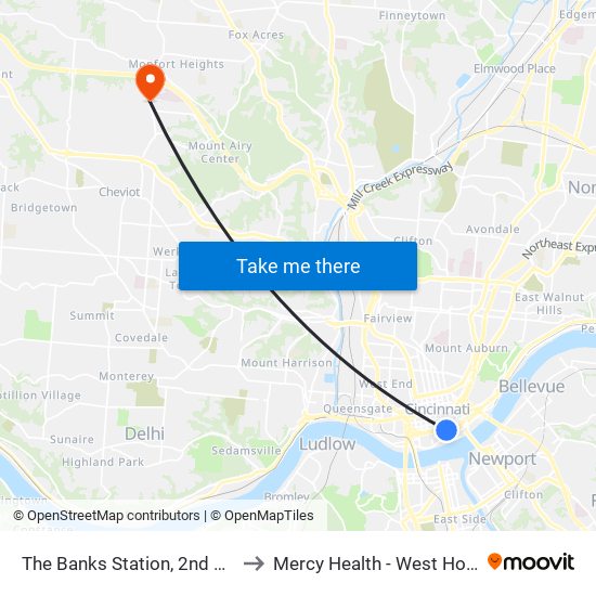 The Banks Station, 2nd & Main to Mercy Health - West Hospital map