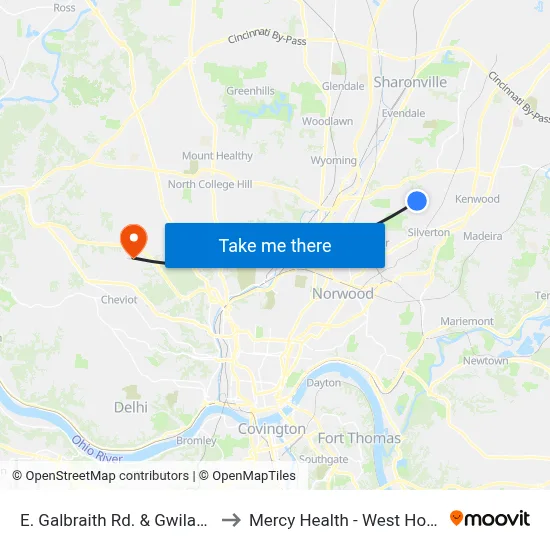 E. Galbraith Rd. & Gwilada Dr. to Mercy Health - West Hospital map