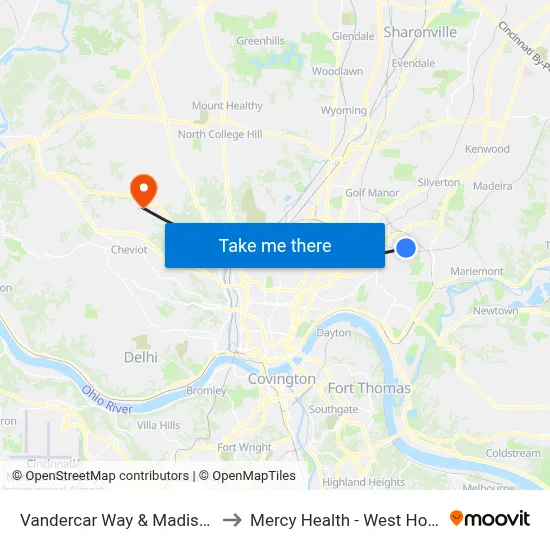 Vandercar Way & Madison Rd to Mercy Health - West Hospital map