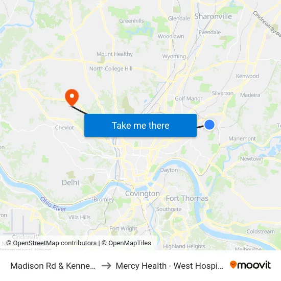 Madison Rd & Kennedy to Mercy Health - West Hospital map