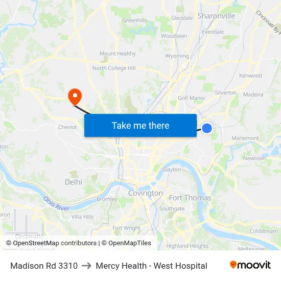 Madison Rd 3310 to Mercy Health - West Hospital map