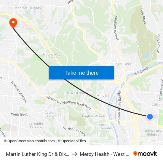 Martin Luther King Dr & Dixmyth Ave to Mercy Health - West Hospital map